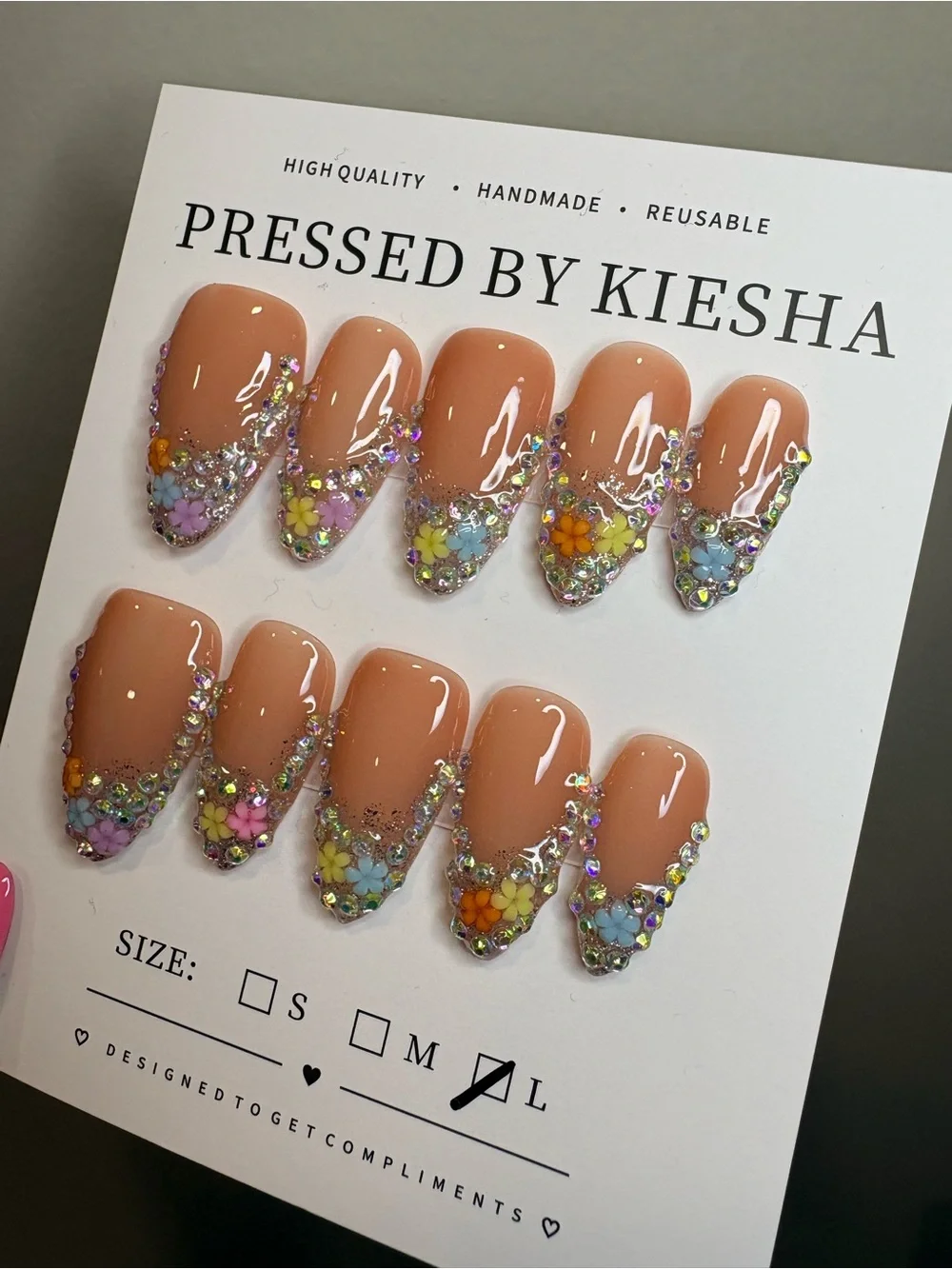 Nude Press-On Nails with Floral Rhinestone Tips
